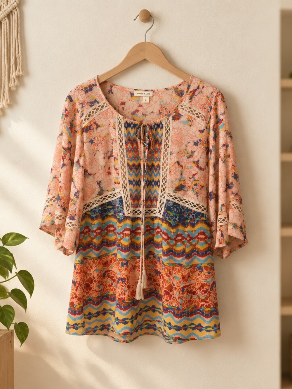 Meadow Rue Anthropologie Peach & Multicolor Boho Crochet-Tie Tunic Top